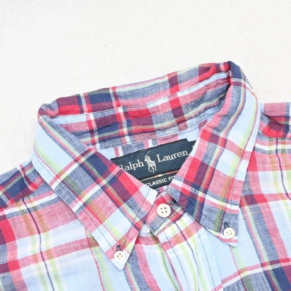 Polo Ralph Lauren Dress Shirt 100% Linen Plaid Classic Fit Long Sleeve Men Large - Picture 6 of 10